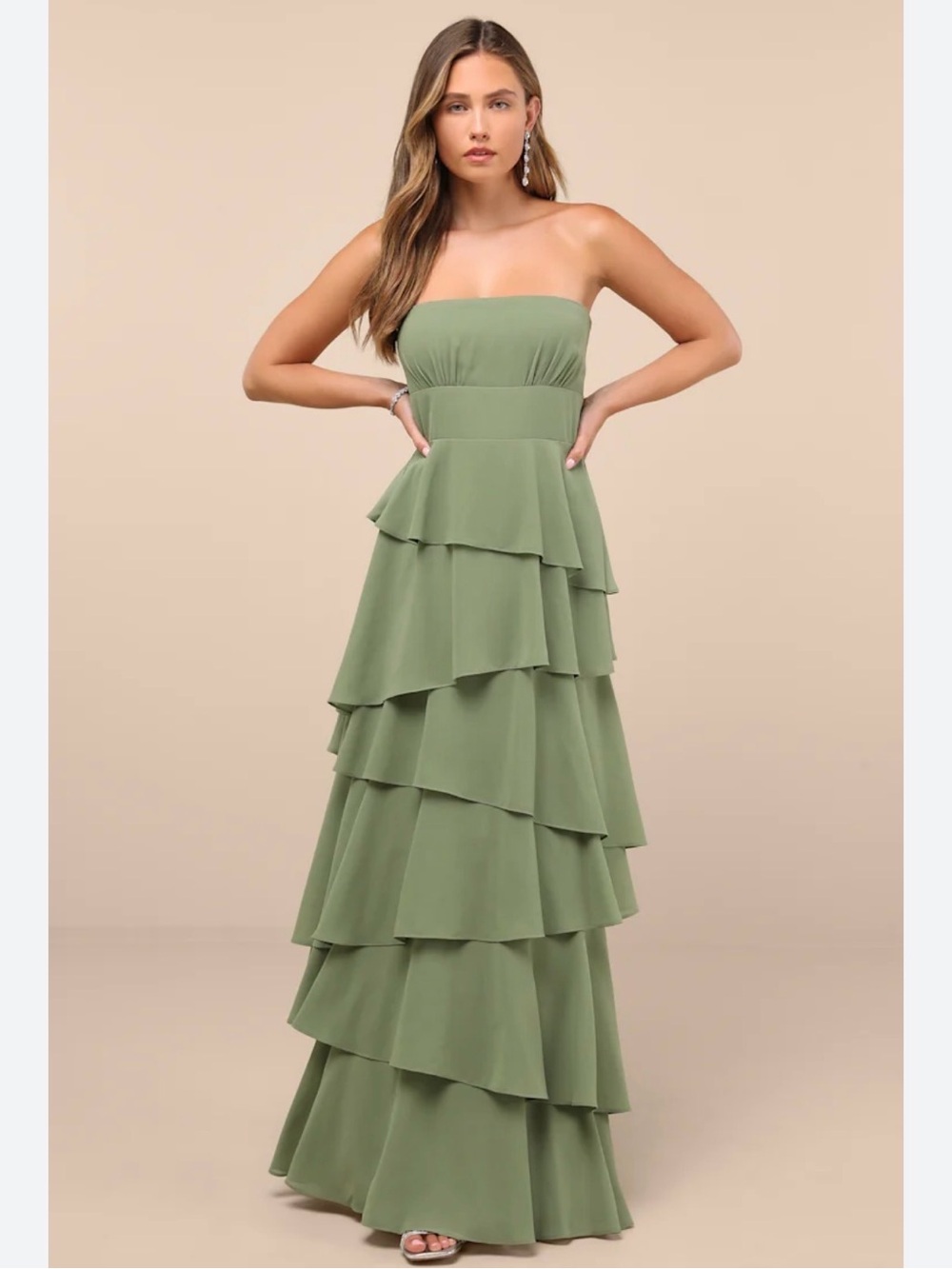 NWT Lulus Maxi Dress Womens L Olive Green Strapless Tiered Ruffle Boho Formal